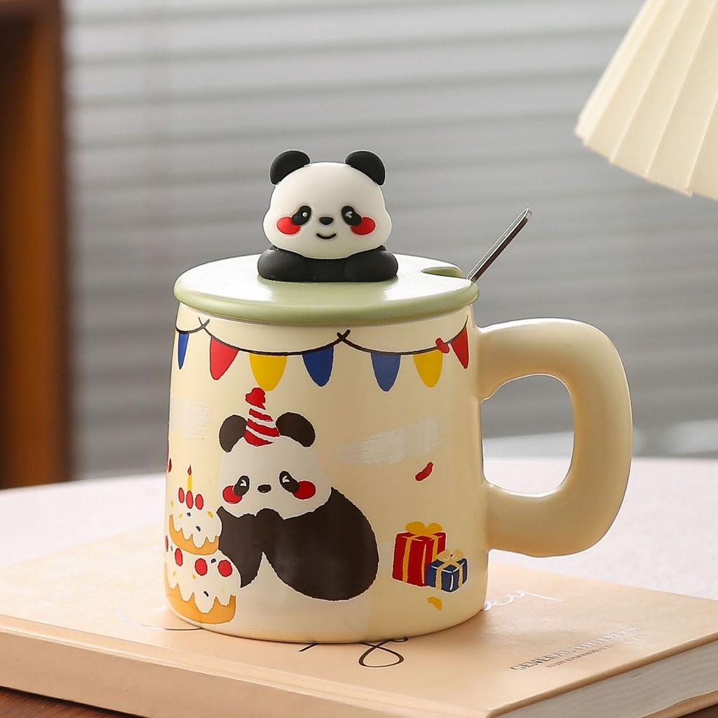 Creative Hand Painted Panda Ceramic Cups  Cute Retro Mugs  High Appearance Level Couple Cups with LIDS  Household Drinking Cups