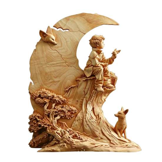 Warm Atmosphere Ornaments Fairy Tale Little Boy and Fox Wooden Figurine, Rustic Desktop Statue, Artistic Carved Decorative Tabletop Figurines