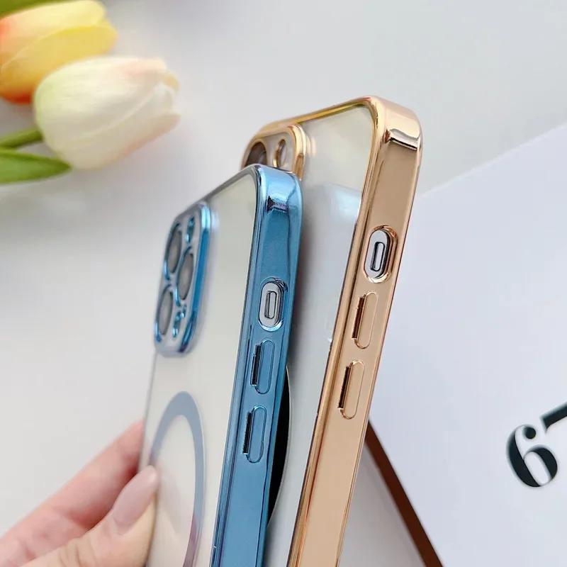 Luxury Plating For Magsafe Case For iPhone 16 15 14 13 12 11 Pro Max Wireless Charger Magnetic Soft Cover Camera Lens Protector