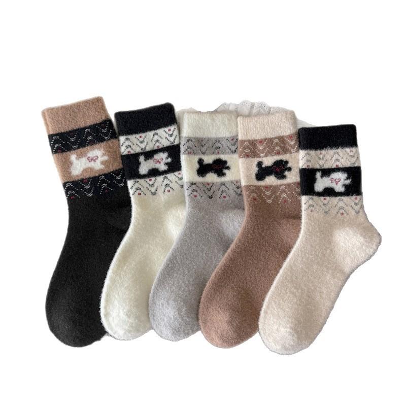 Katong Little Dog Retro Australian Fleece Socks Women's Autumn and Winter Mid-calf Socks Thickened, Warm and Versatile, School Style