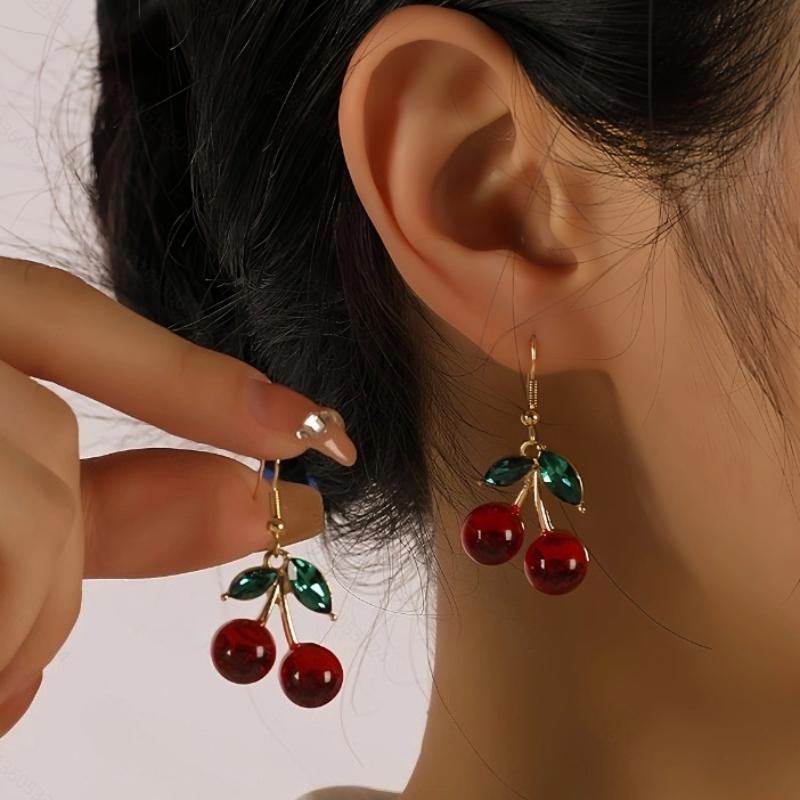 

2025 New Personalized Creative Cherry Pendant Earrings for Girls Sweet Temperament Holiday Party Fashion Zircon Accessories