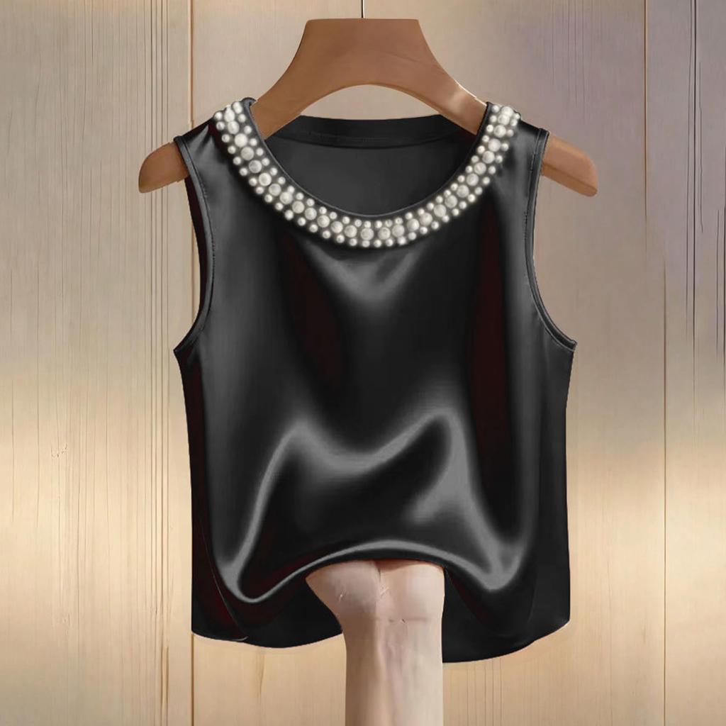 Damen-T-Shirt mit Satin-Perlenmuster, Rundhalsausschnitt und kurzen Ärmeln, lässiges Oberteil