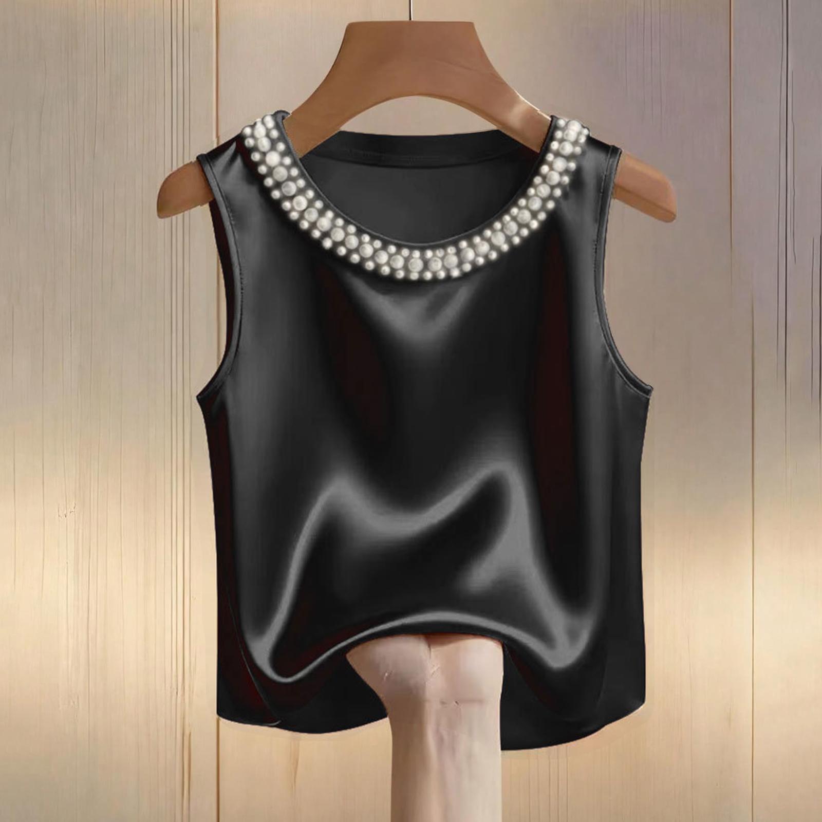 

Женская модная атласная футболка с жемчугом, круглым вырезом и коротким рукавом, повседневный топ L чёрный