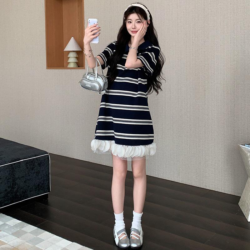 2026 Summer Pique Stripe Floral Petal Skirt Colorblock Dresses - Short Sleeve, Available in Long & Short L