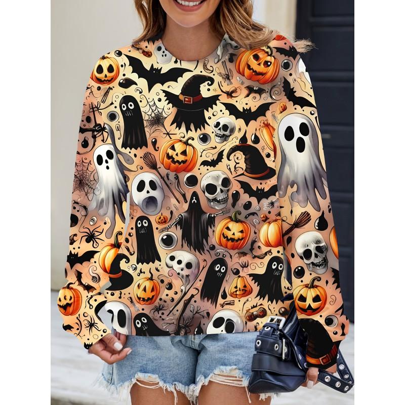 Womens Casual Hoodie With 3D Halloween Print Round Neck Lightweight Breathable Fabric