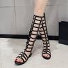Roman Tall Lace-Up Sandals Women's Summer Round Toe Cutout Long Tube No Knee One Strap Flat Open Toe Cooling Boots