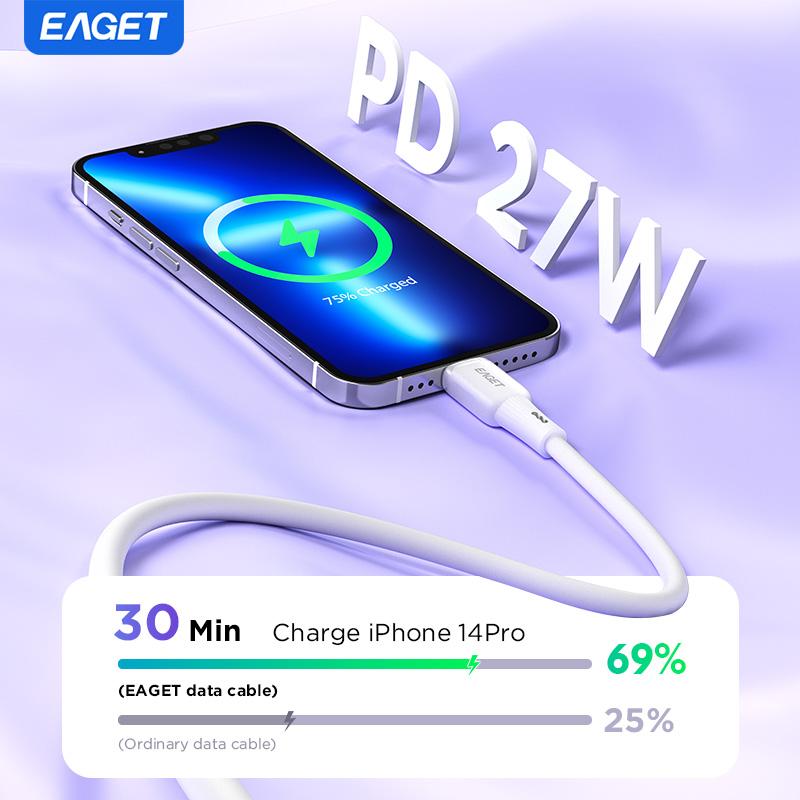 EAGET 27W PD Fast Charging Cable for iPhone 8-14 Series, 20,000+ Bend Durable with Liquid Silicone Design