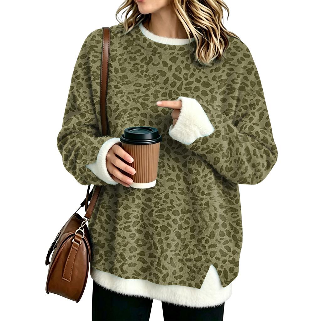 Women's Fashion Flannel Neck Two-Piece Leopard Print Top, Casual Paneled Blouse