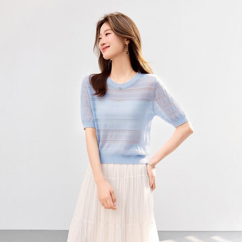 Srcr Women's Silk Blend Hollow-Out Knit Short Sleeve Top