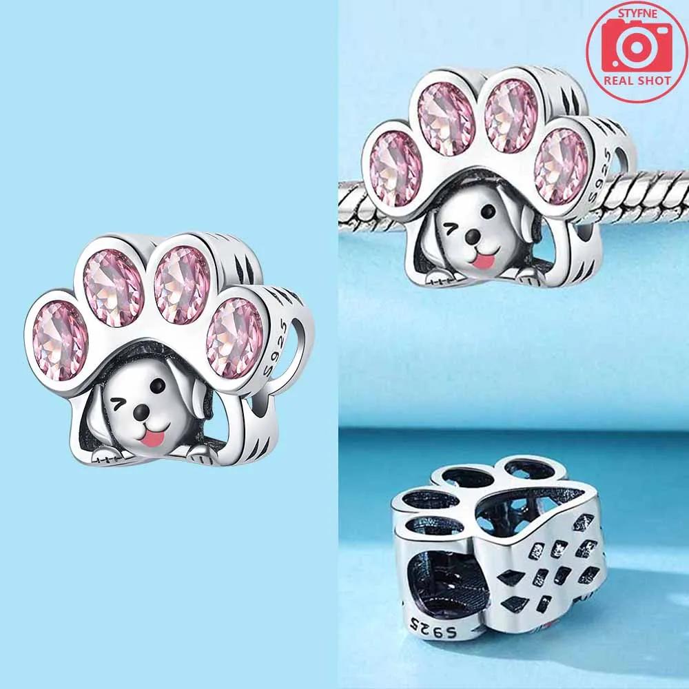 Copper Bracelet Jewelry Diy Accessories Beads Original Pink Zircon Hollow Out Heart Engraved Girl With Cat Hug Dog Paws Bead