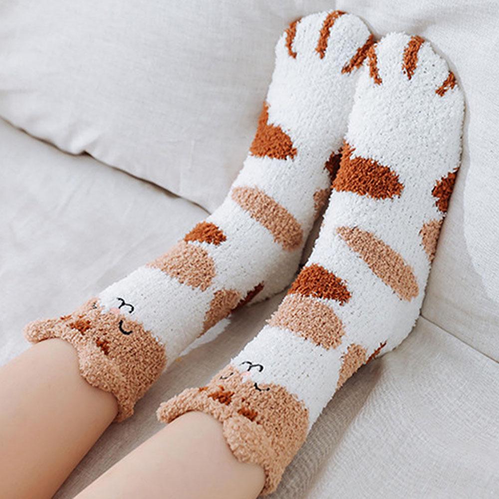 Thick Women Soft Warm Plush Coral Velvet Socks Cat Paw Floor Socks Sleeping Socks