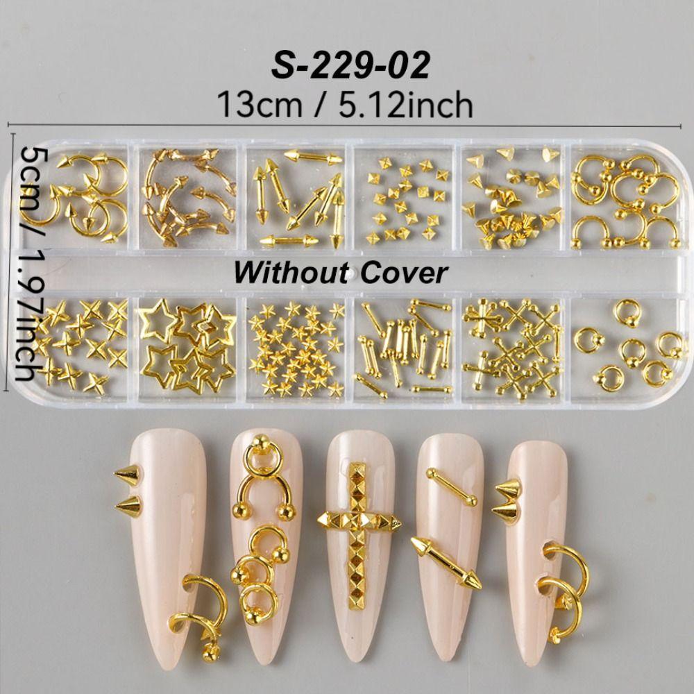 New 12 Grids Nail Charms Silvery Golden Alloy Nail Decor Y2K Self-Adhesive Manicure Accessories