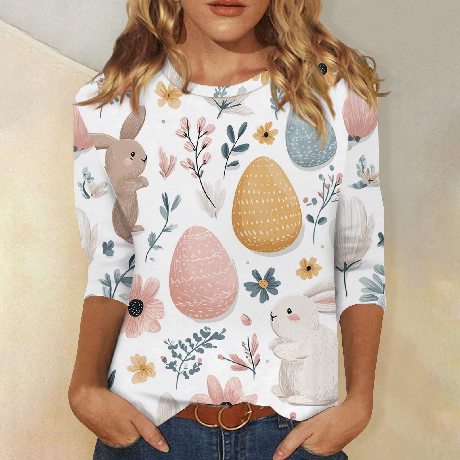 

Женская модная повседневная футболка с принтом пасхального кролика и яйца, с рукавом три четверти M белый