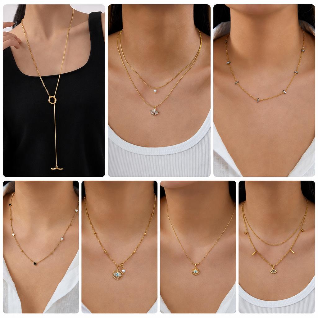 316LStainless Steel Layered Necklace for Women Gold Color Evil Eye Pendant Layer Y Chain Long Lariat Minimalist Jewelry Gift