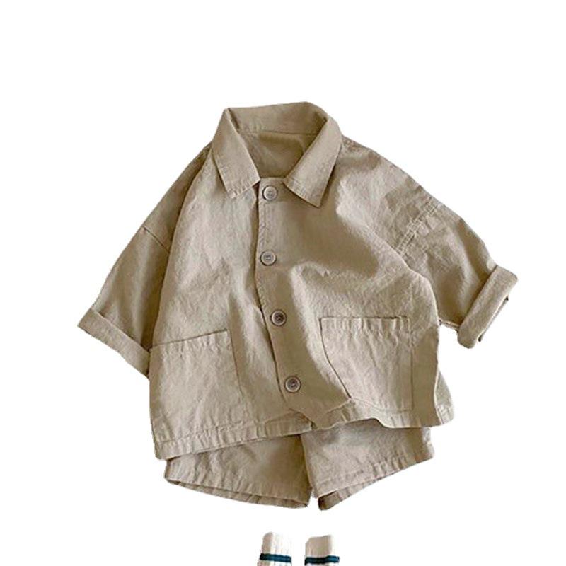 Korean Style Kids Summer Two-Piece Outfit: Trendy Lapel Shirt & Shorts Set for Boys and Girls