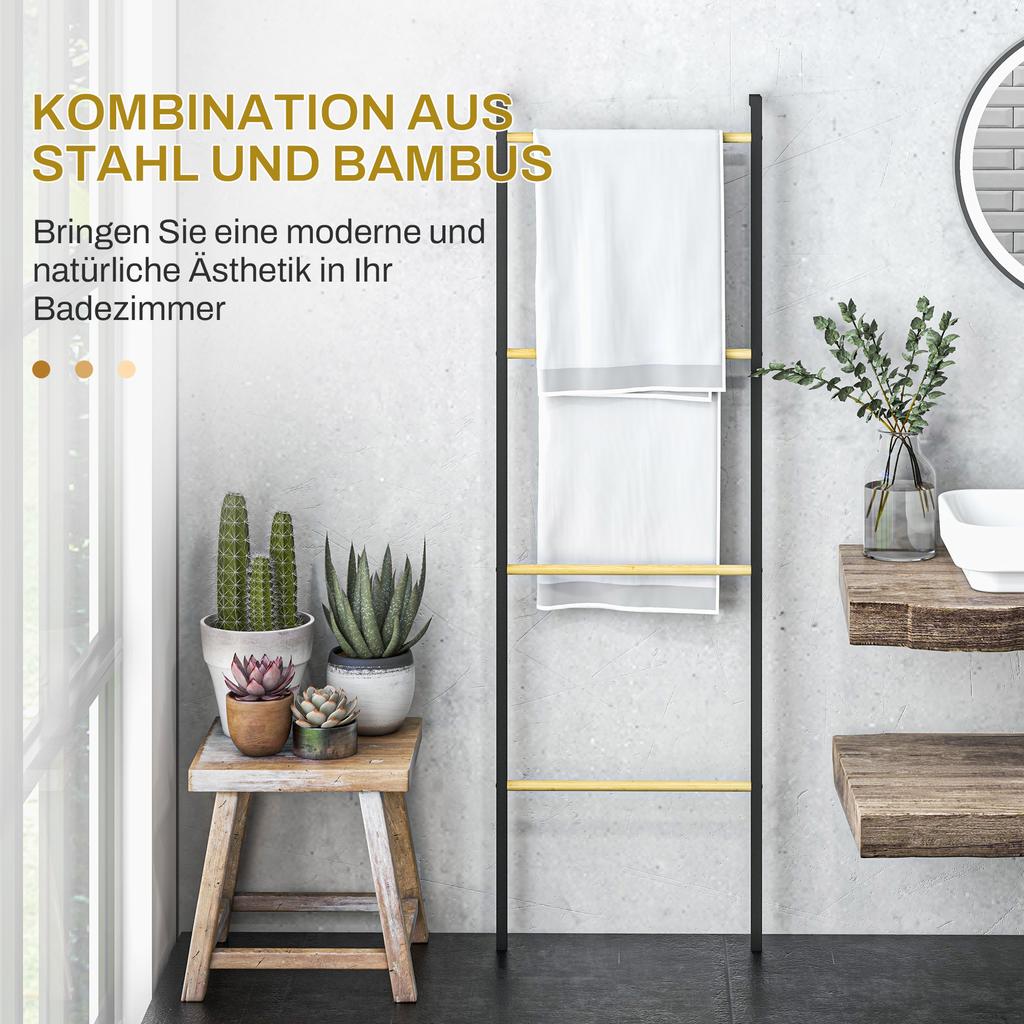Towel Rail, Freestanding, 4 Bars, 49x5.5x167.5cm, Black/Natural Wood