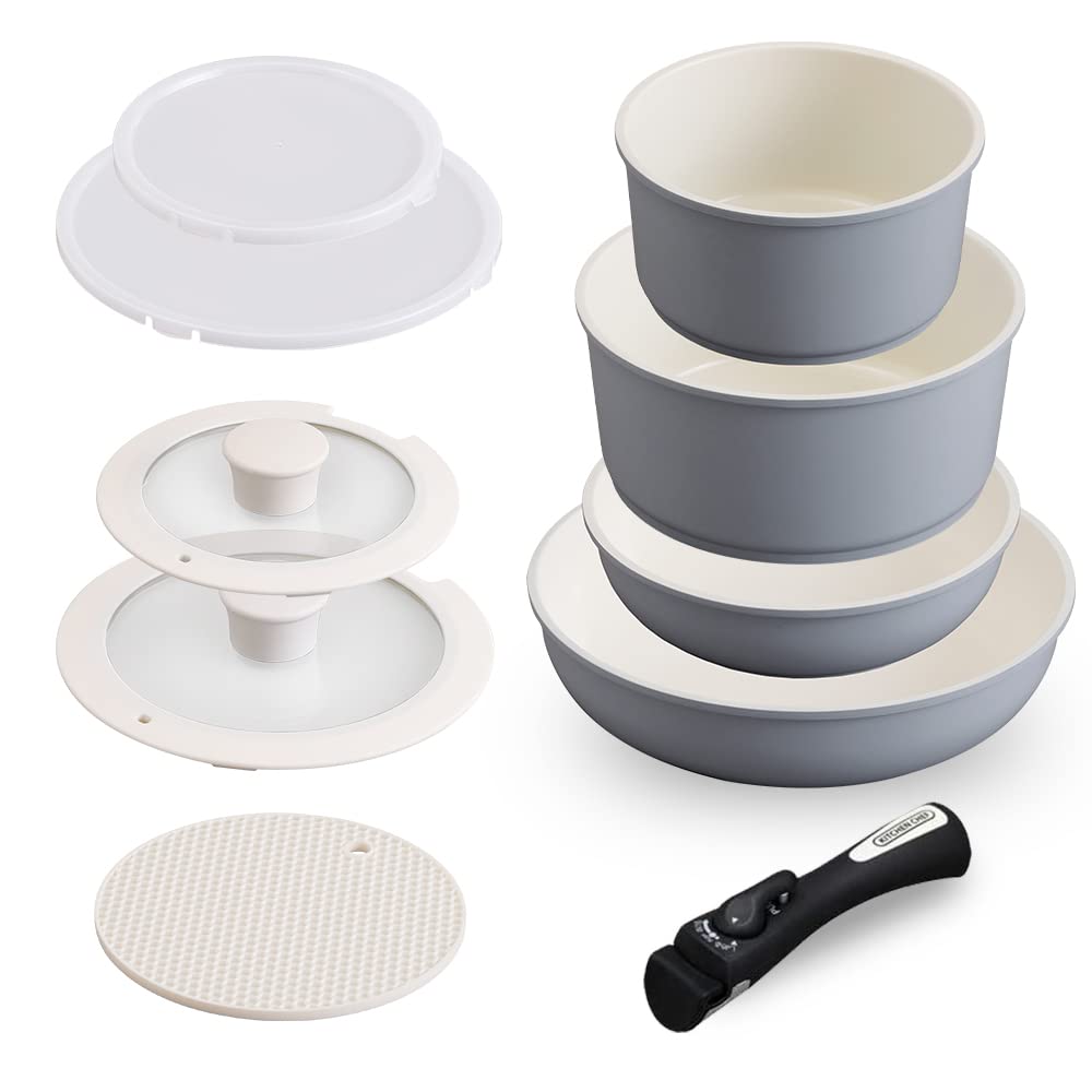 

[Time-Saving & Energy-Saving] Iris Ohyama 9-Piece Removable Handle Frying Pan and Pot Set, Induction and Gas Compatible, 26cm and 20cm, Compact