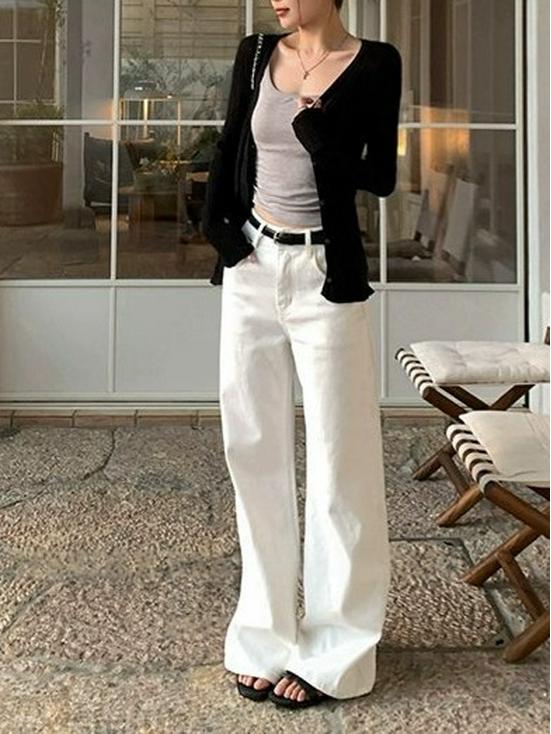 Black Beans Vibe: Women's Summer Mid-Waist Straight-Leg White Jeans