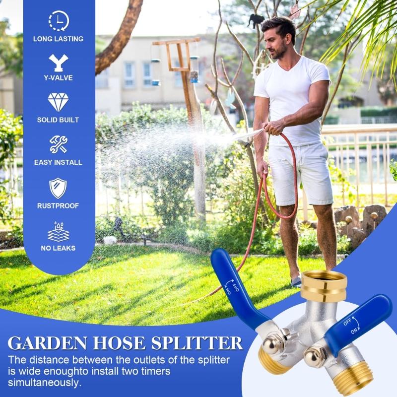 Garden Hose Branch Coupler with Separate Shut Off Handles, Brass Ends and Metal Body for Outdoor Faucet Water Use Across the Yard Daily