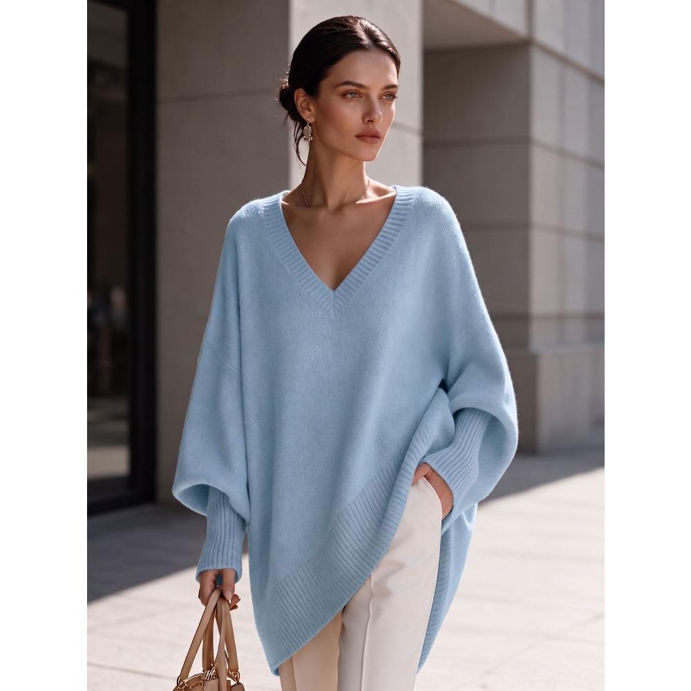 Women V Neck Loose Sweater Mid Length Long Sleeve Cozy Knit Top Fall Winter