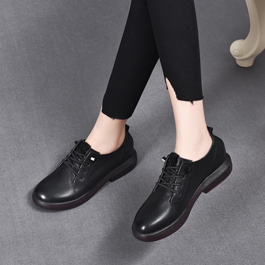 2025 spring and summer new first-layer cowhide flat-soled low-heeled single shoes round head rhinestone soft-soled soft-sided loafers small leather sh