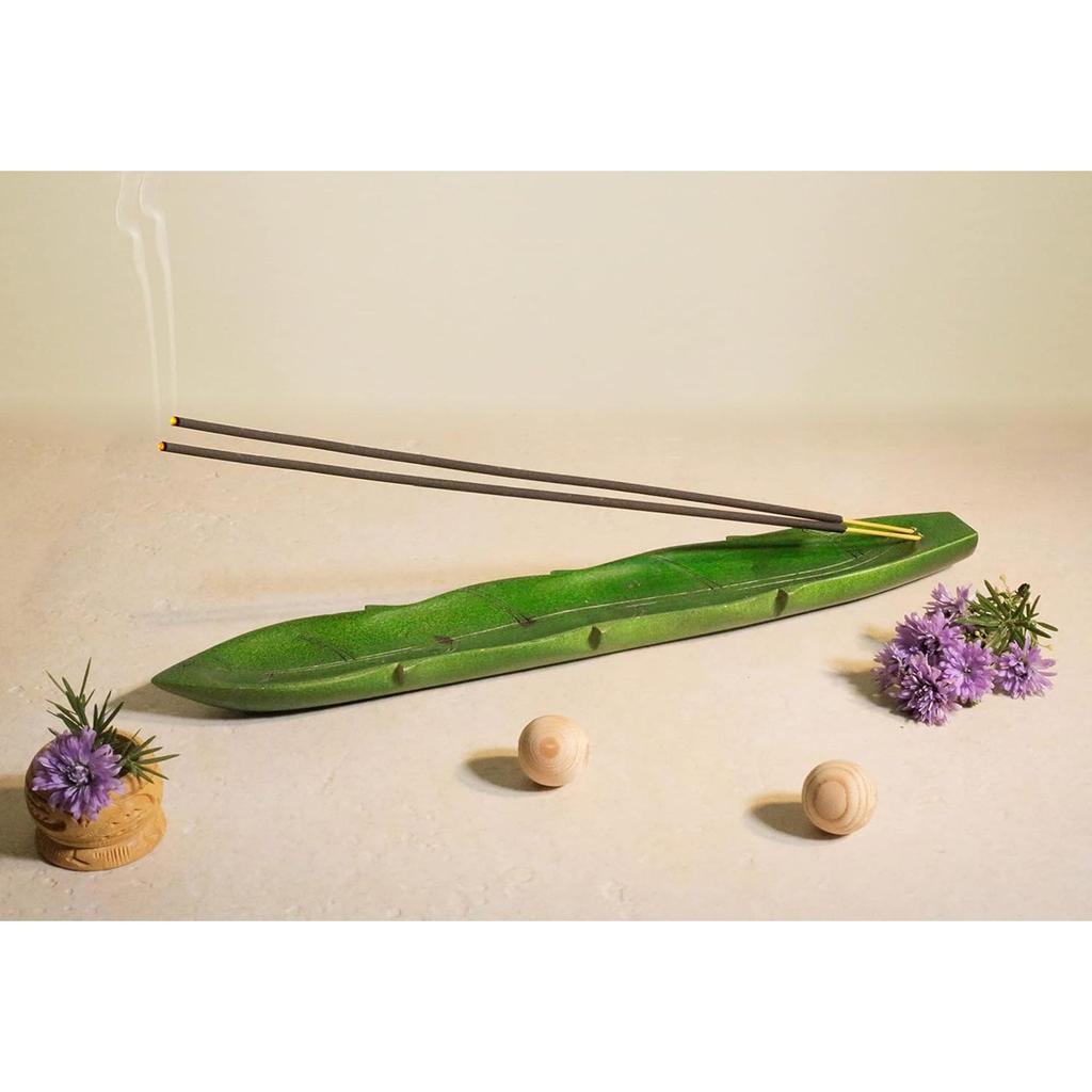 Soulveda Cycle Pure Wooden Agarbatti Stand with Ash Catcher (Green) Leaf Design for Home Office Temple