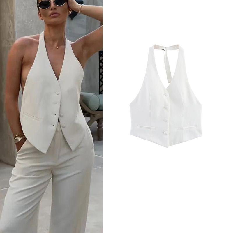Summer New Product Women's Clothes Commute Style Single Breasted Open Back V-neck Halter Sleeveless Short Vest Jacket Tops