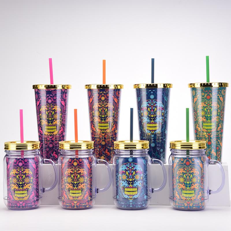 Double Plastic Cup Colored Skull Halloween Party Water Cup Portable Creative Straw Cup