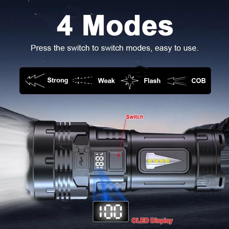Lanterna LED de alta potência com 7 LEDs, luz forte, recarregável, USB, lanterna de longo alcance, pesca, caça, com luz COB