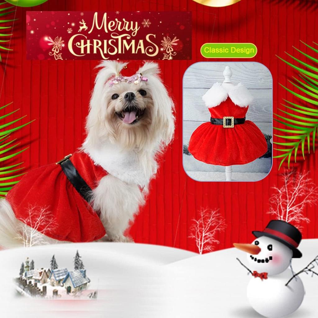 Dog Christmas Costume Puppy Dress, Santa Claus Pet Clothes Velvet Skirt Thermal Shirt Winter Coat Xmas Holiday Apparel Cute Girl Clothing Red