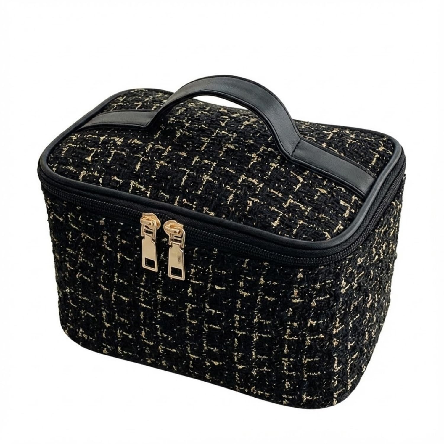 Cosmetic pouch makeup box large capacity tweed-style storage bag travel handle lightweight accessory holder ladies black