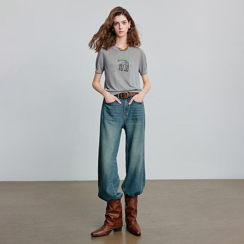 Chuyu 2025 Letní dámský top s krátkým rukávem s žakárovým vzorem písmene a kočky, imitace lnu