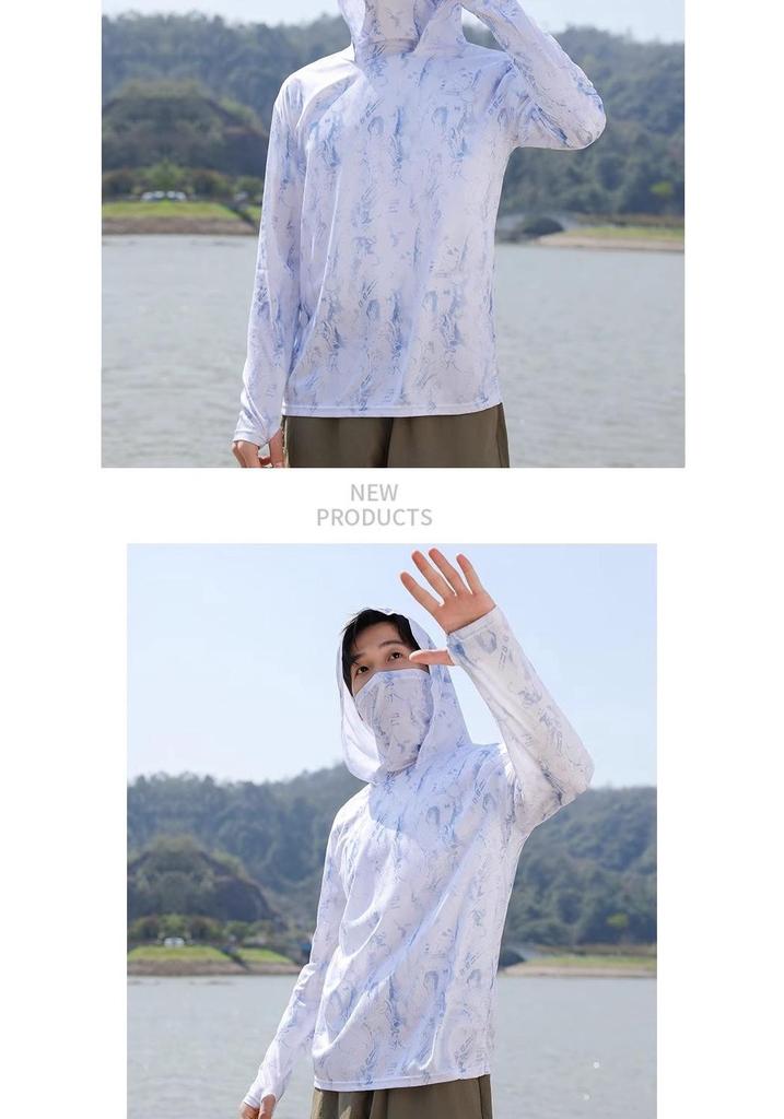 Men's Camouflage Ice Silk Quick-Dry Fishing Shirt with Matte Mask - Long Sleeve, Summer Cool, Sun Protection.