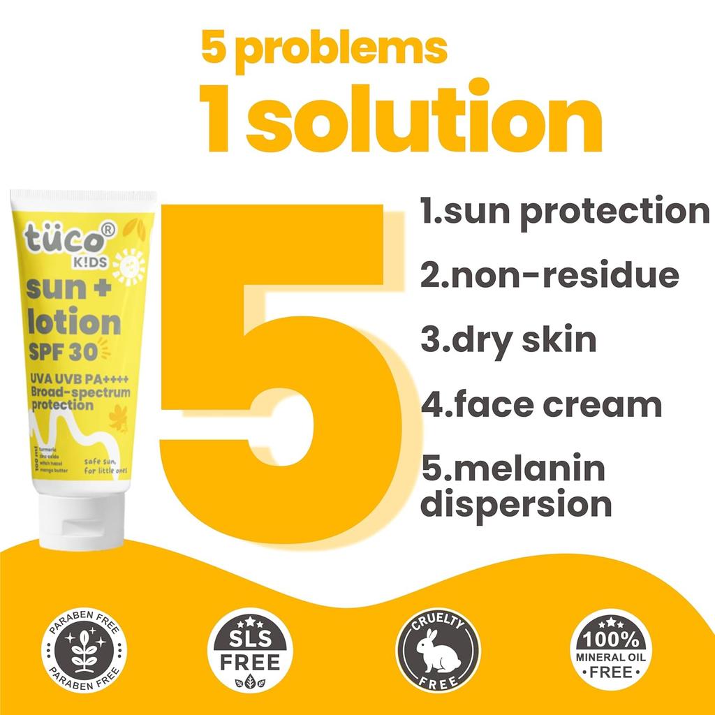 Tuco® Kids 2 in 1 Sunscreen + Body Lotion with SPF 30 | Turmeric, Licorice, Mango Butter | UVA/UVB PA++++ | Ages 2-5, 5-10, 10-15 | 100 ml (Pack of 2)