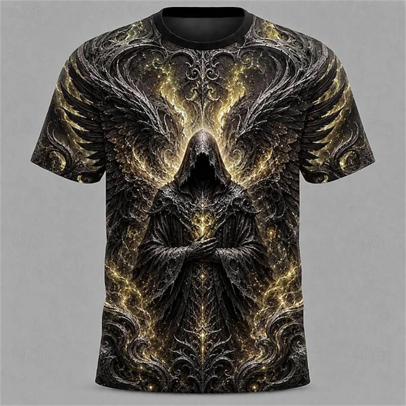 New Men's Halloween Crew-Neck Short-Sleeve T-Shirt Grim Reaper Scythe and Skeleton Print Crew-Neck Short-Sleeve Men's Top
