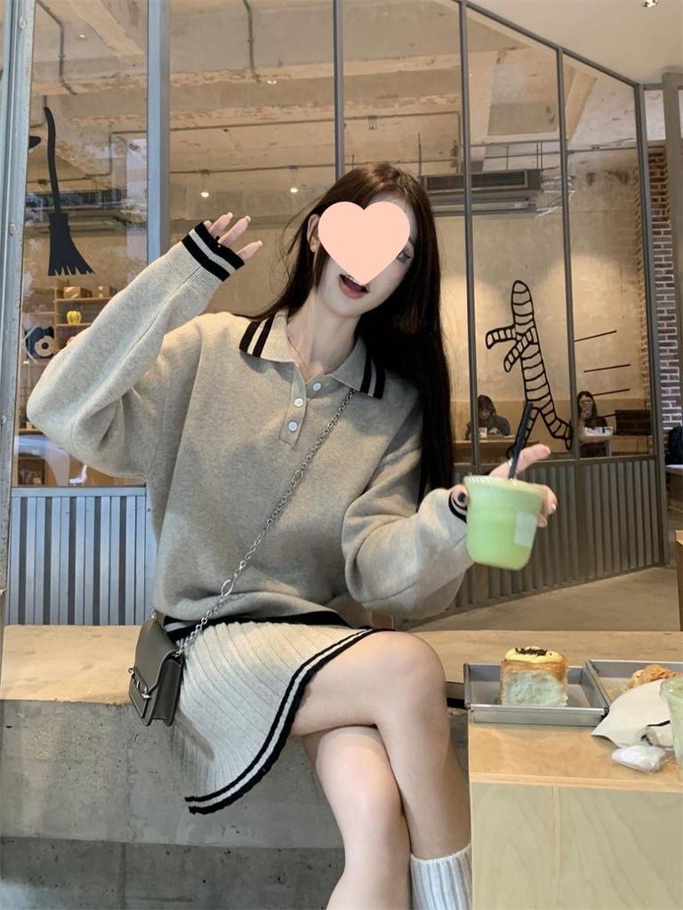 Korean Style Loose Fit Knitted Sweater & Pleated Midi Skirt Two-Piece Set