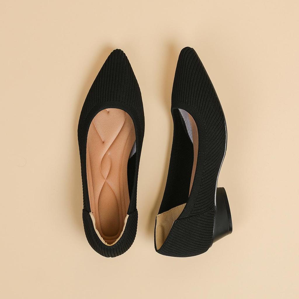B35-3 Pointed Toe Low-Cut Chunky Heel Breathable Plus Size Striped Knit Shoes