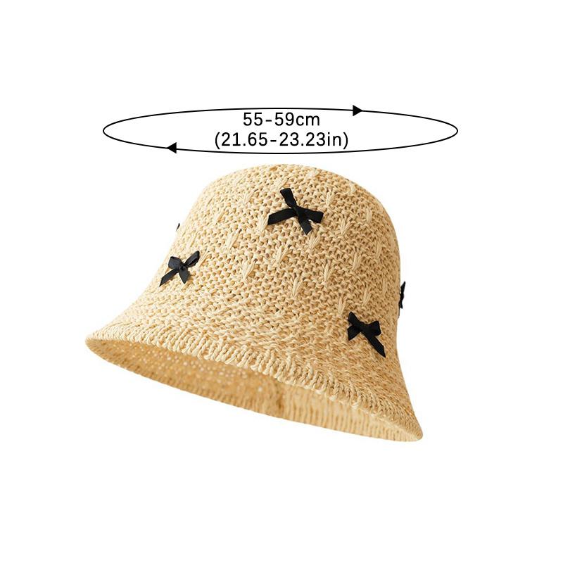 Women Ribbon Bowknot Straw Hat Summer Hollow Out Breathable Sunshade Fishermen Hats Y2K Sweet Girl Beach Travel Panama Caps