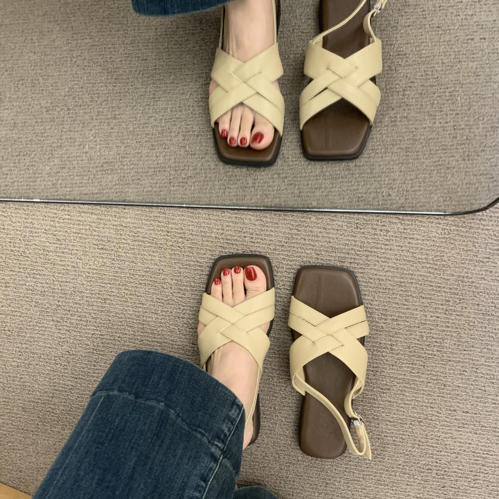 Fashion Open Toe Comfort Shoes for Women Roman Sandals Breathable Cross 2025 Summer Peep Retro Gladiator New Square Girls Flat Scandals