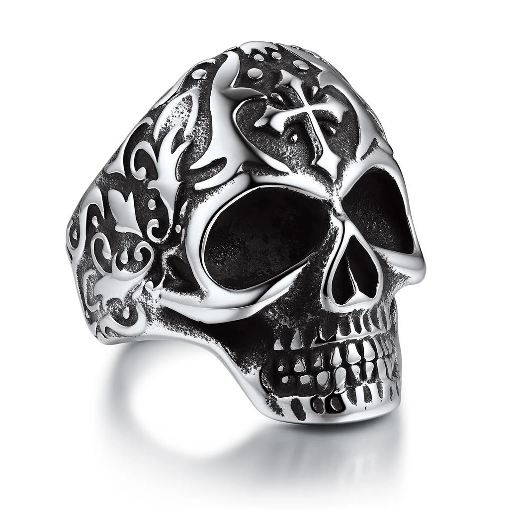 U7 Stainless Steel Big Skull Rings for Man Woman Size 7-14 Cross 3D Skeleton Cuban Chain Celtic Knot Pattern Gothic Punk Jewelry