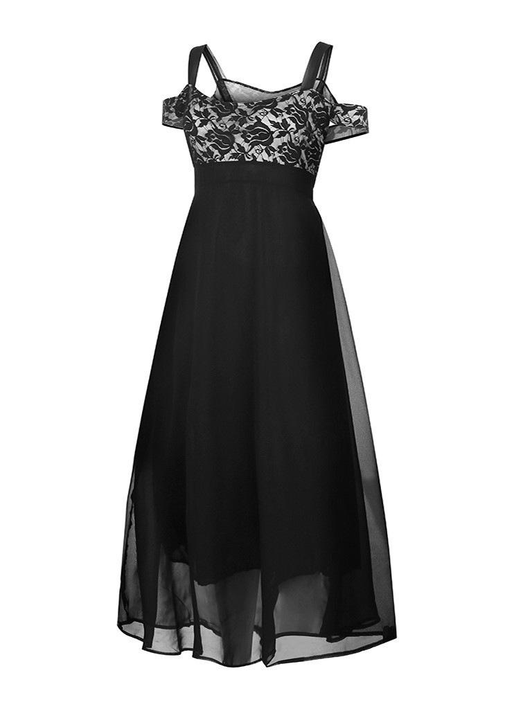 2025 Trendy One-Shoulder Chiffon Lace Spaghetti Strap Long Dress