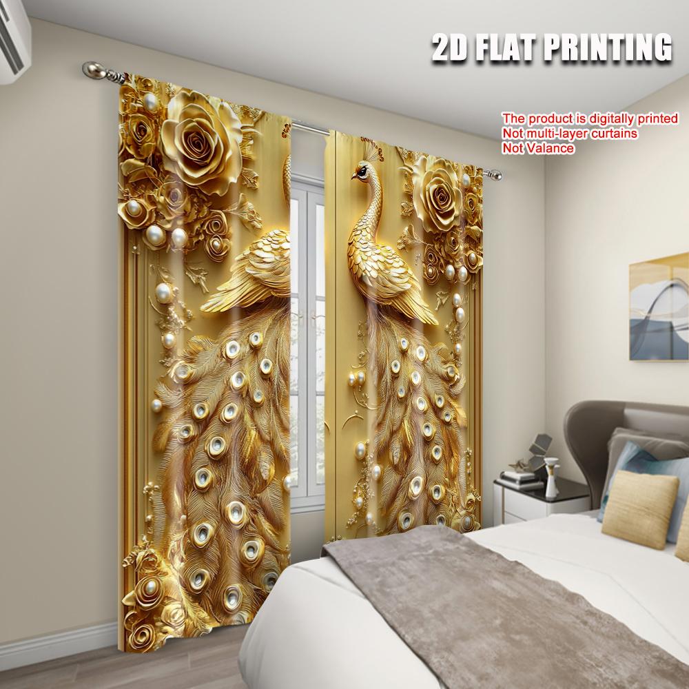 2pcs   Popular Curtain Panels  plane printing Elegant Golden Peacock Durable Polyester (without rod) Holiday Ldeal for Kitchen