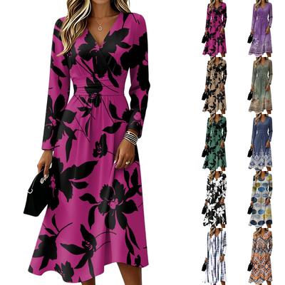 Women's Floral Casual Fashion Long-Sleeved Padded V-Neck Dress