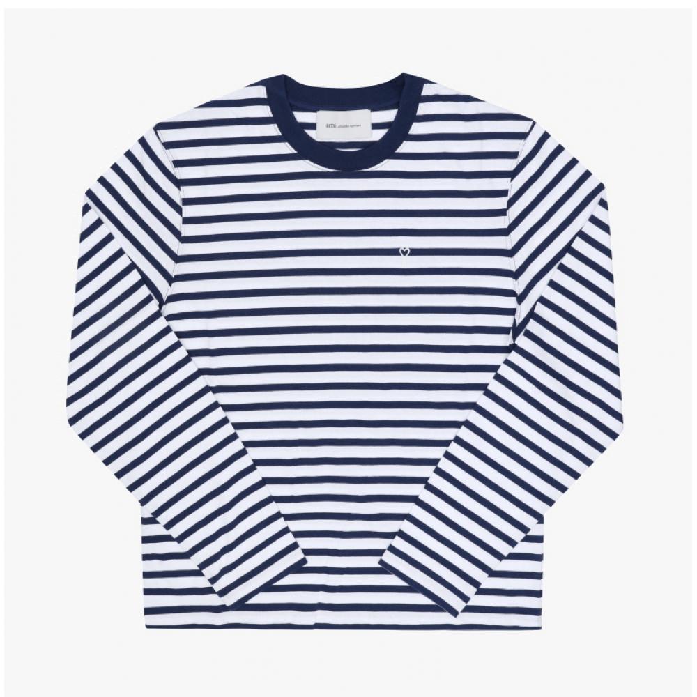 Ami Unisex Long Sleeve Tee With Heart Logo In Stripes Je0210 A044 UTS375 JE0210 A044 (S)
