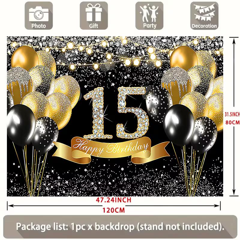 2D Black Gold Glitter Diamond Number 15 Balloon Happy Birthday Backdrop Teen Wall Tapestry