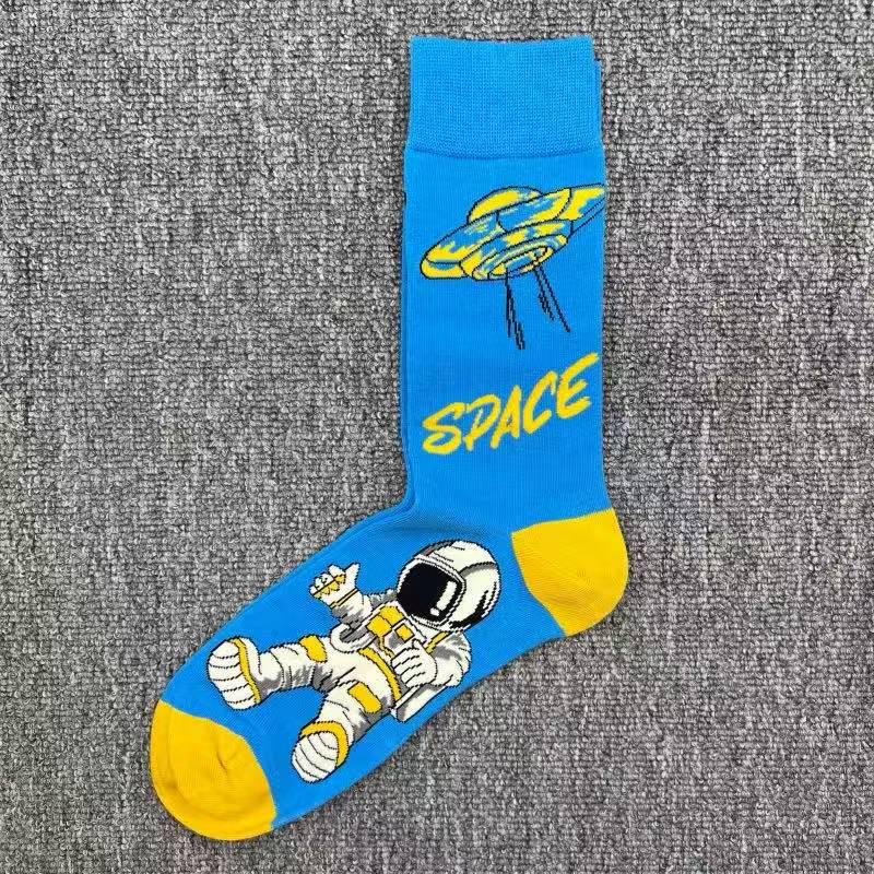 Happy Socks Men's Colorful Cartoon Astronaut Planet Floral Mid-Calf Socks, Large Size - Trendy Swedish Brand.