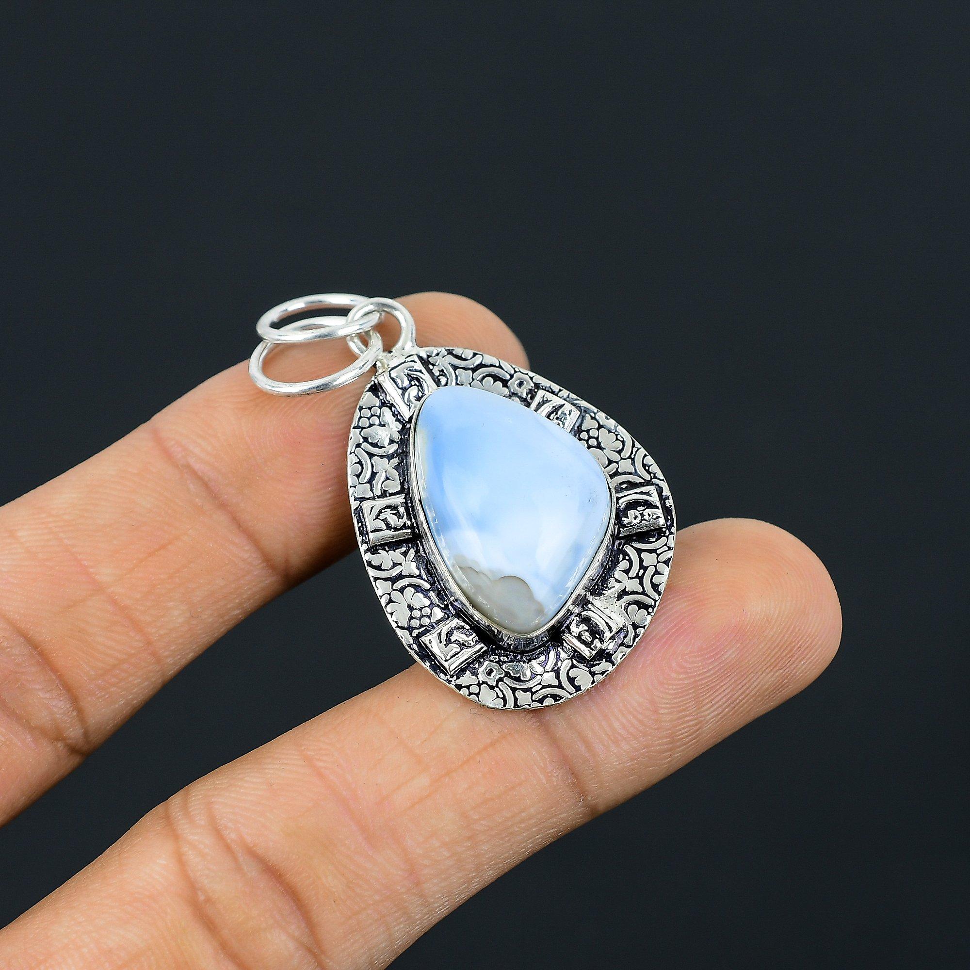 

Trillion Owyhee Blue Opal Gemstone Sterling Silver Wedding Bezel Wife Pendant
