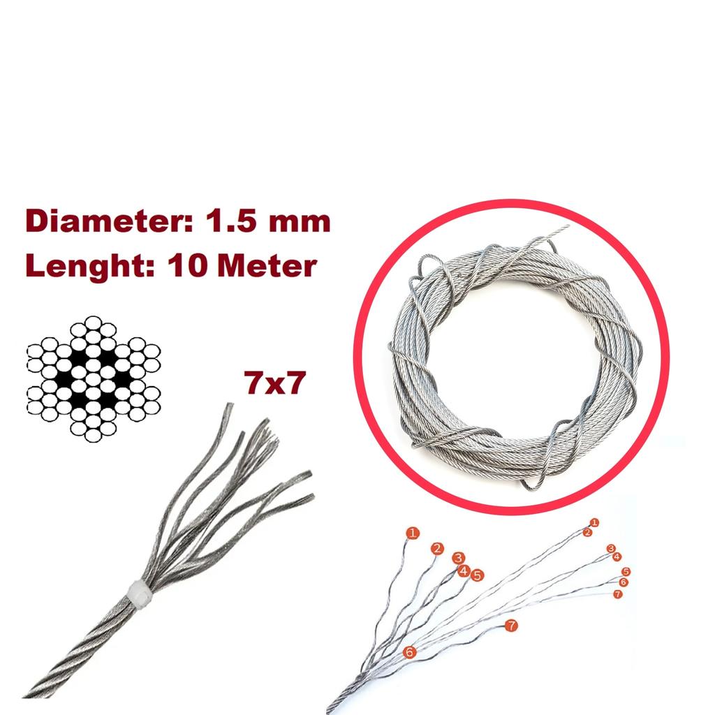 EWR5472-1 Window Regulator Repair Cable Steel Wire Rope 7x7 Diameter: 1.5 Mm Length : 10 Meter for Car Window Regulator