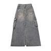 Women's Denim Cargo Skirt with Pocket High Waist Slit Retro Midi Skirt Y2K Clothing Casual Fashion All-match Spring Summer