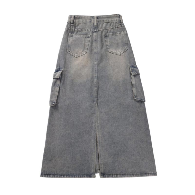 Women's Denim Cargo Skirt with Pocket High Waist Slit Retro Midi Skirt Y2K Clothing Casual Fashion All-match Spring Summer